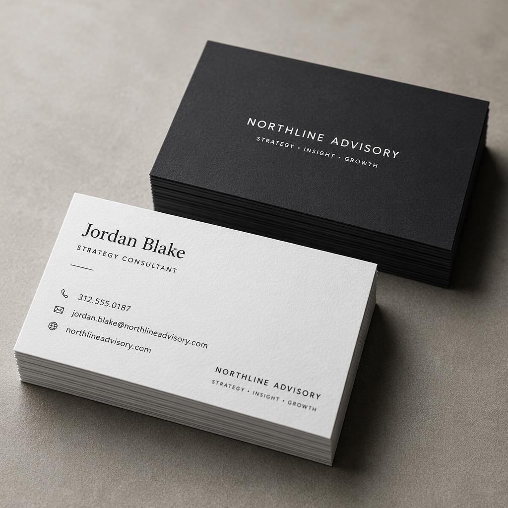 Photorealistic front and back stacked business cards in monochrome minimalist style with premium paper texture.