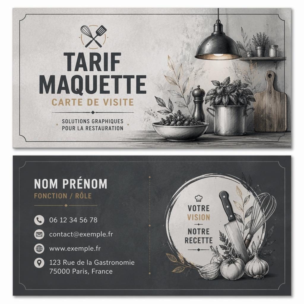 Maquette de carte de visite restaurant, recto verso empilé, style illustré organique, palette gris industriel.