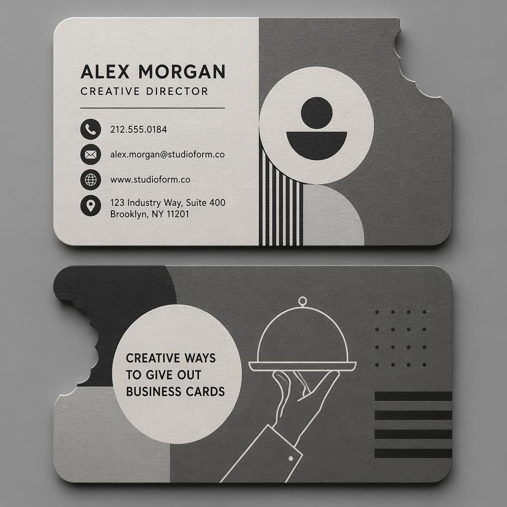 Front and back business card mockup stacked in a bauhaus style with an industrial gray palette for a food or restaurant brand.
