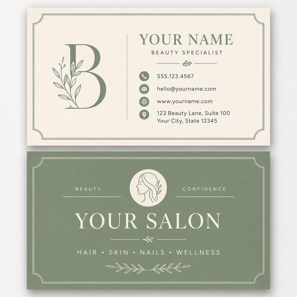 Front and back beauty salon business card mockup stacked in sage and ivory with clean typography and readable placeholders