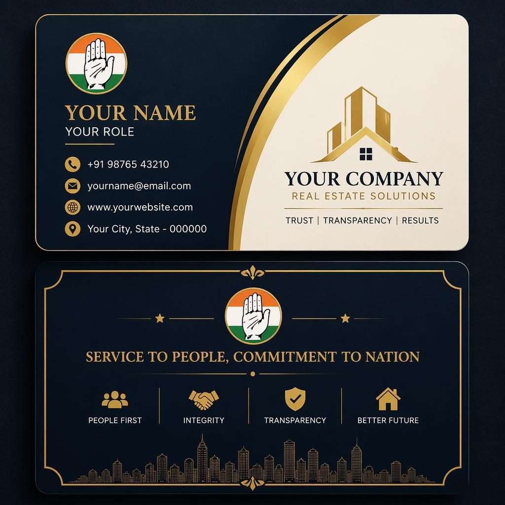 Front and back business card mockup in black, gold, navy, and cream with clean placeholder contact details.