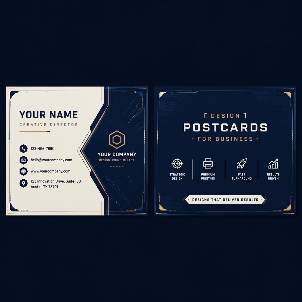 Business card mockup shown front and back side by side in navy and cream with futuristic layout and sharp placeholder contact text.