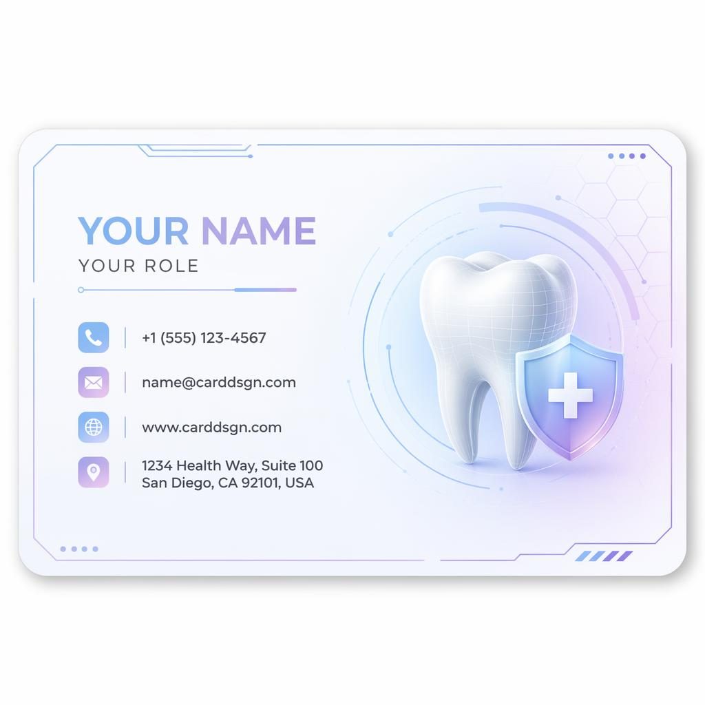 Back render of a futuristic pastel medical business card with clean placeholder contact details and sharp typography.