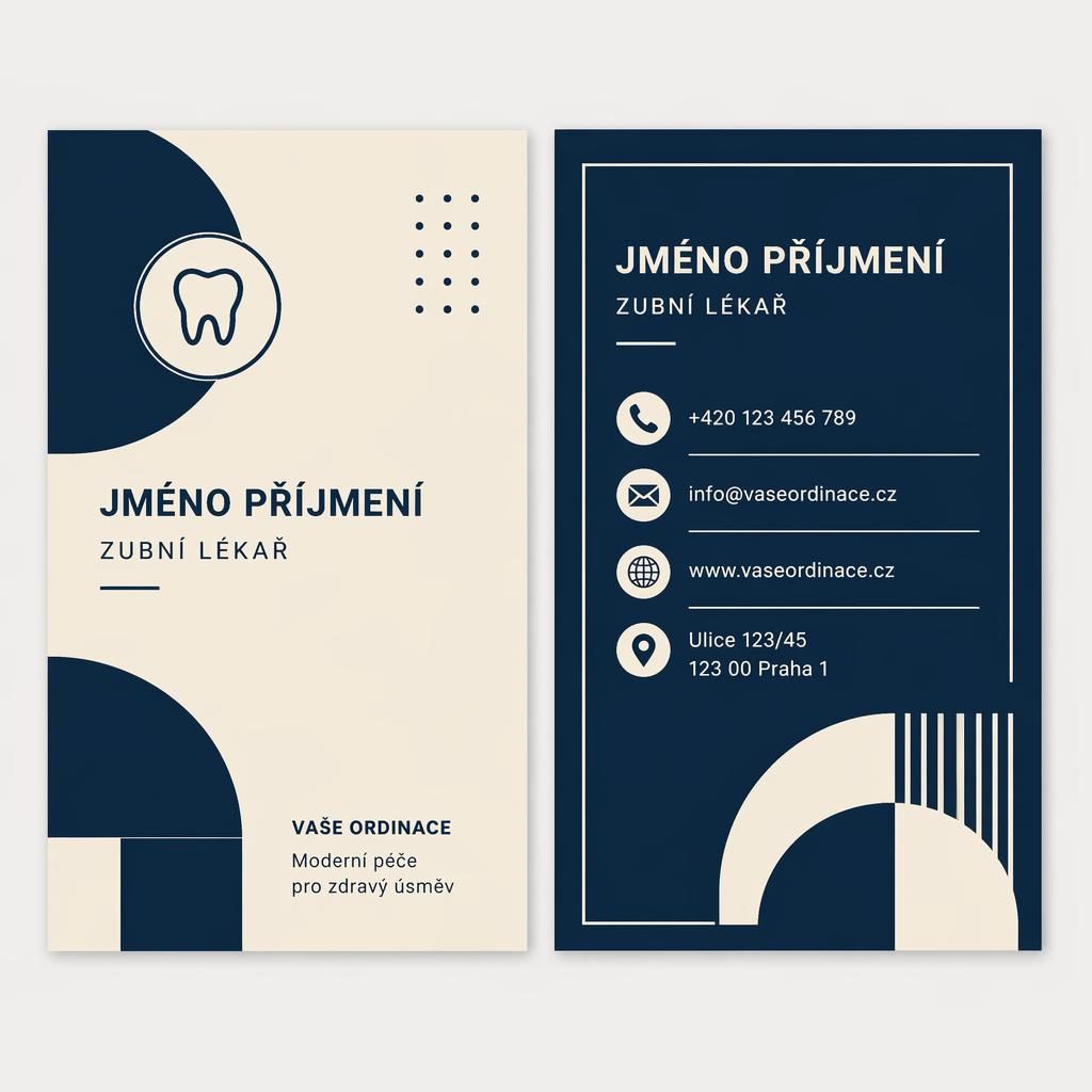Oboustranný návrh vizitky vedle sebe v poměru 3,5×2 palce, bauhaus styl, tmavě modrá a krémová, zdravotní téma.
