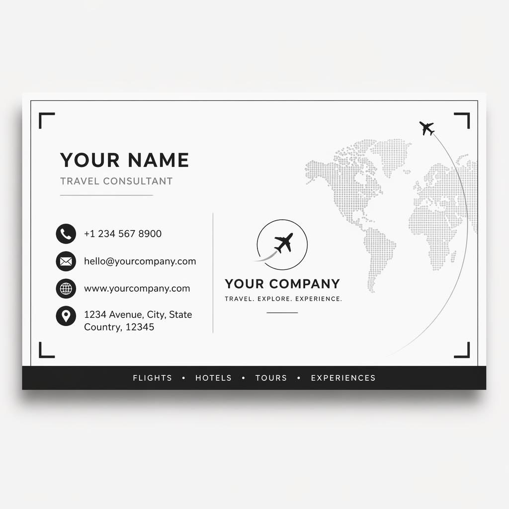 Back view of a monochrome Swiss-style travel agency visiting card design with sharp placeholder contact details.