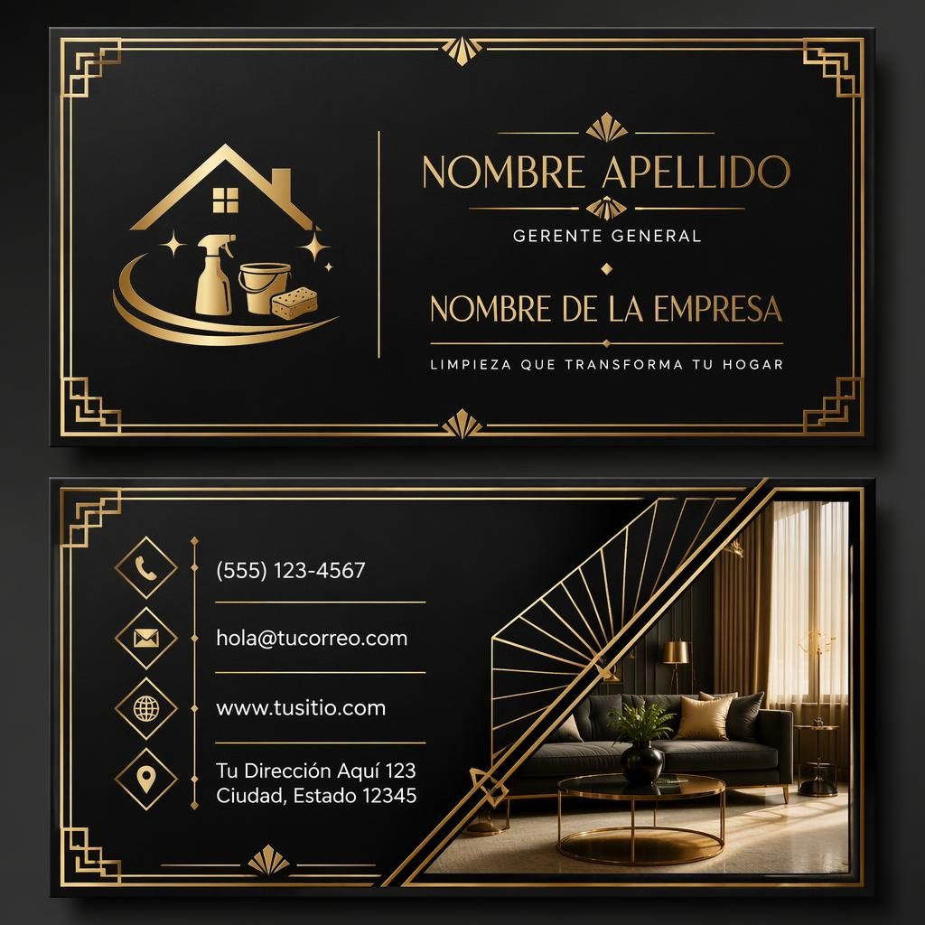 Tarjeta de presentación frontal y reverso apilados, estilo art déco en negro y dorado, tipografía nítida y diseño elegante.
