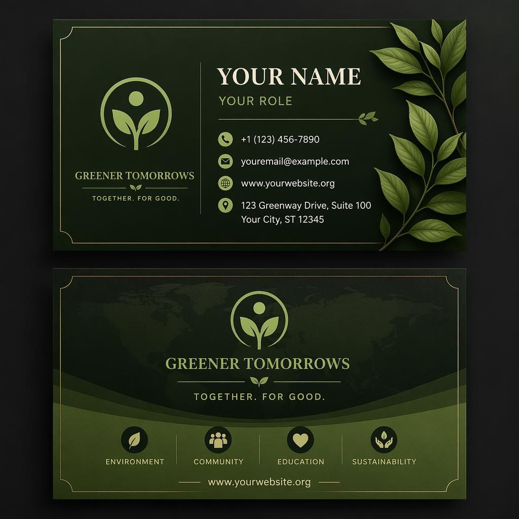 Front and back stacked green business card design with dark boutique palette, sharp placeholder contact details, 3.5x2 layout.