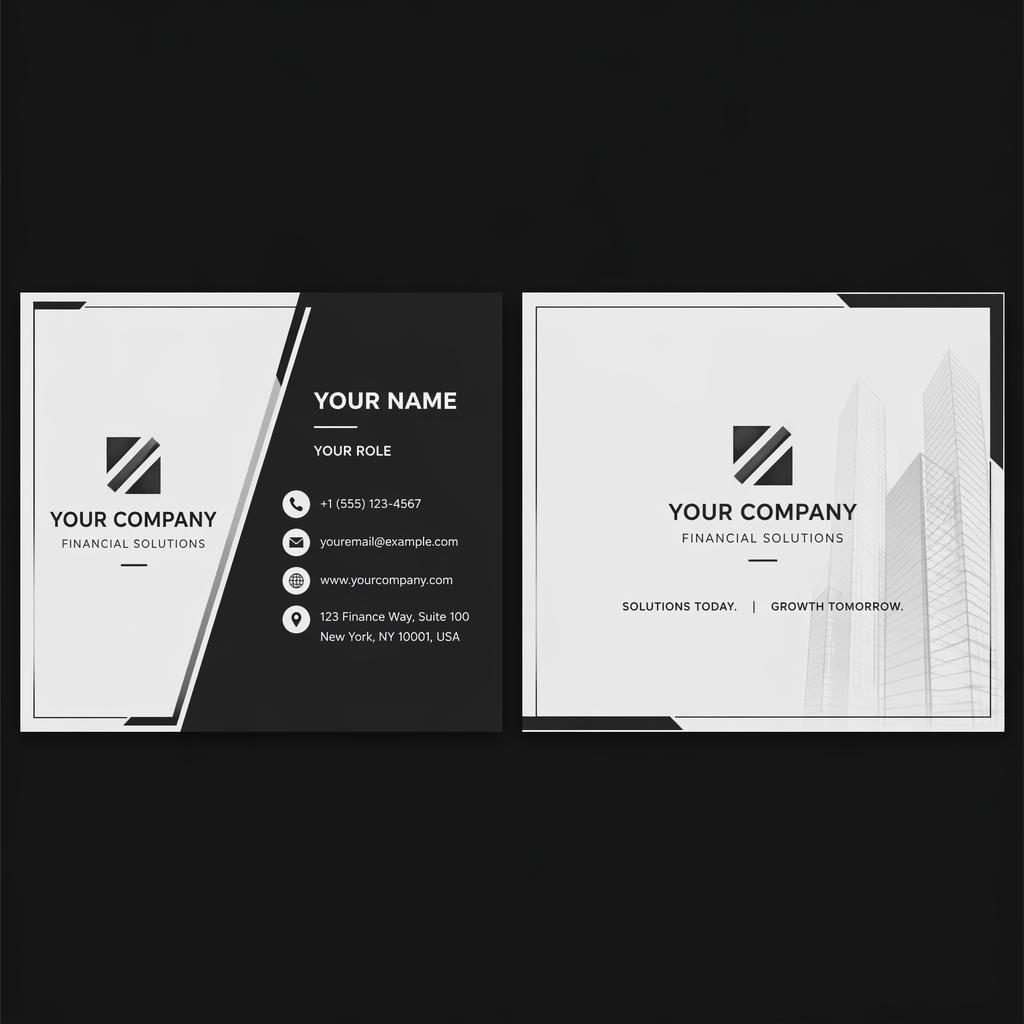 Modern monochrome business card design shown front and back side by side with clean placeholder contact details.