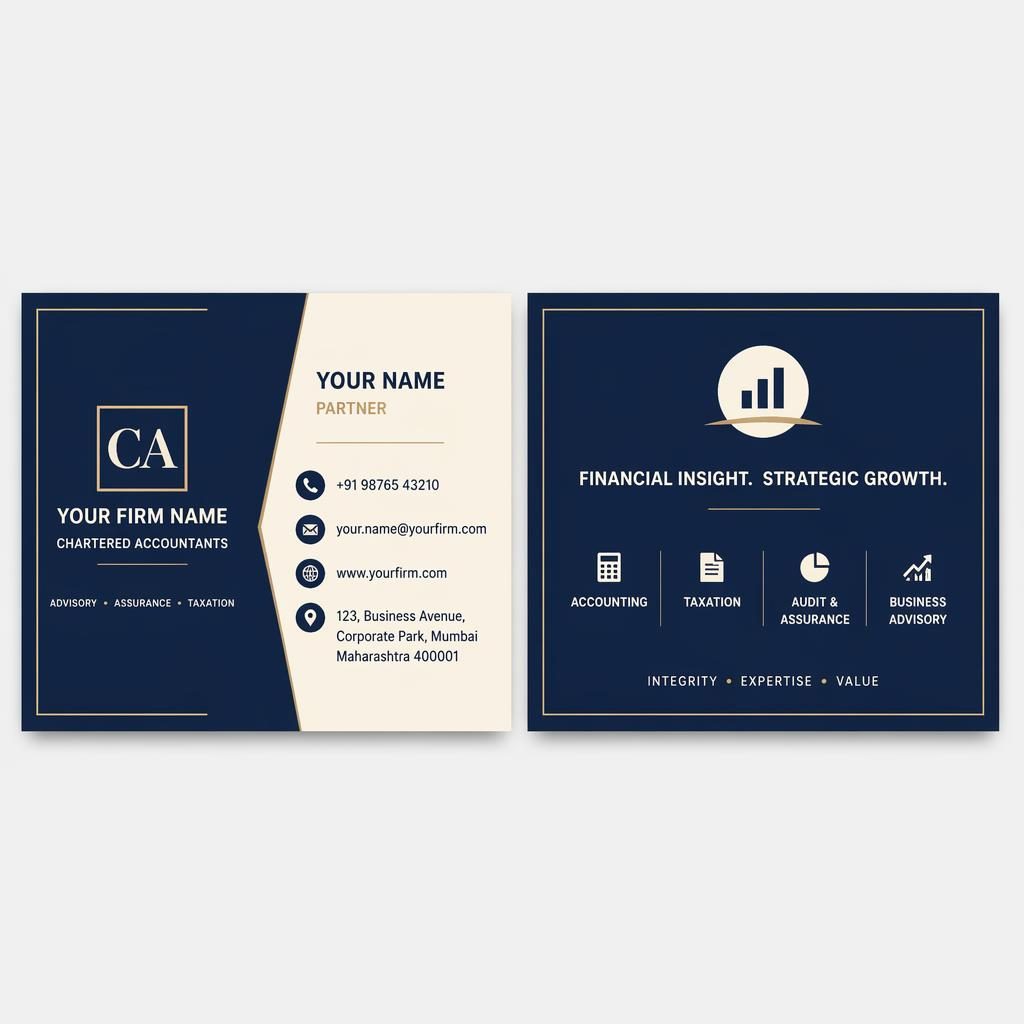 Both sides of a business card for a CA firm shown side by side in navy and cream with clean Swiss layout and readable placeholders.