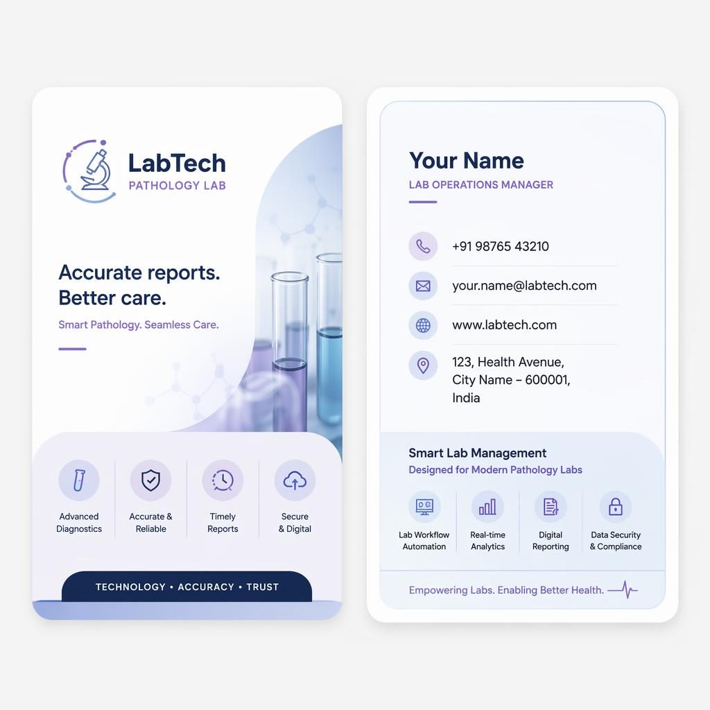 Both sides of a pastel pathology lab business card shown side by side with clean typography and readable placeholders.