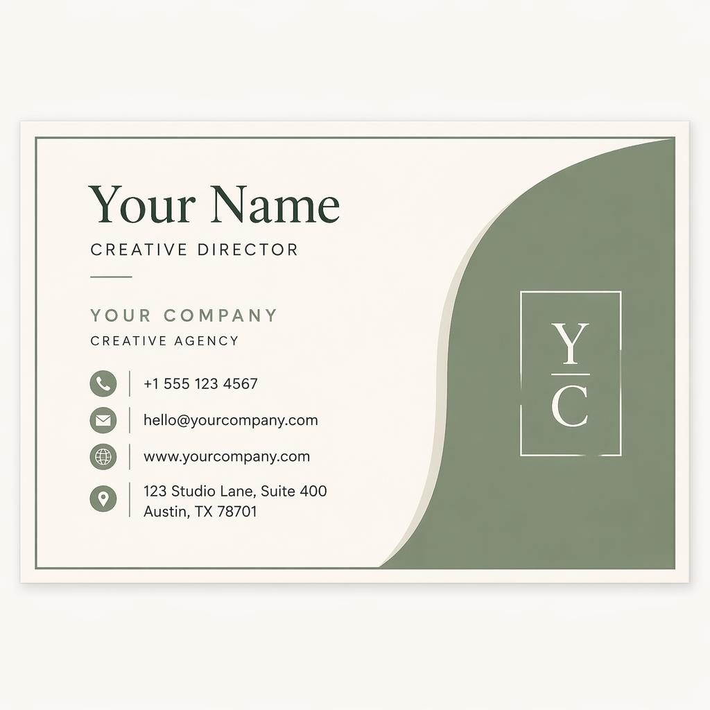 Front render of a modern minimalist calling card template in sage and ivory with sharp placeholder contact details.
