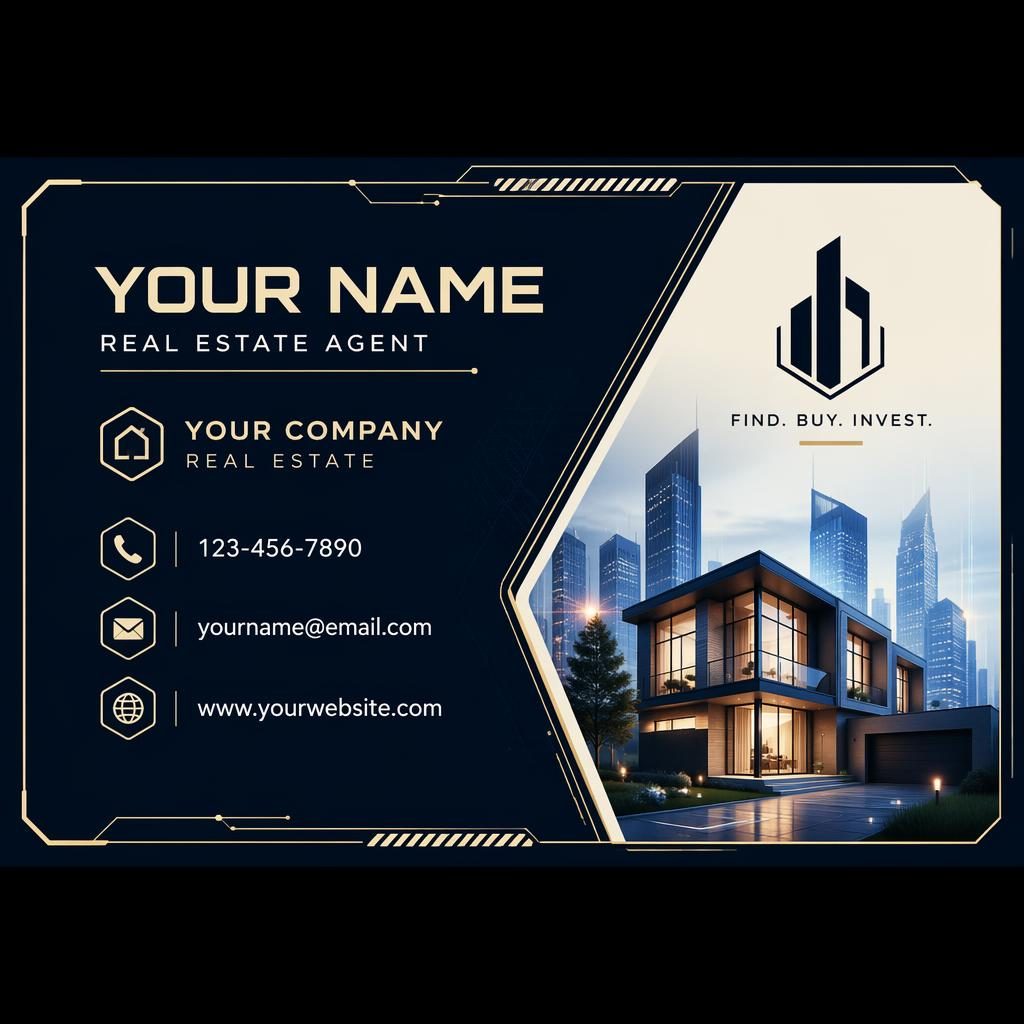 Front view of a tech-futuristic real estate business card in navy and cream with sharp placeholder contact details.