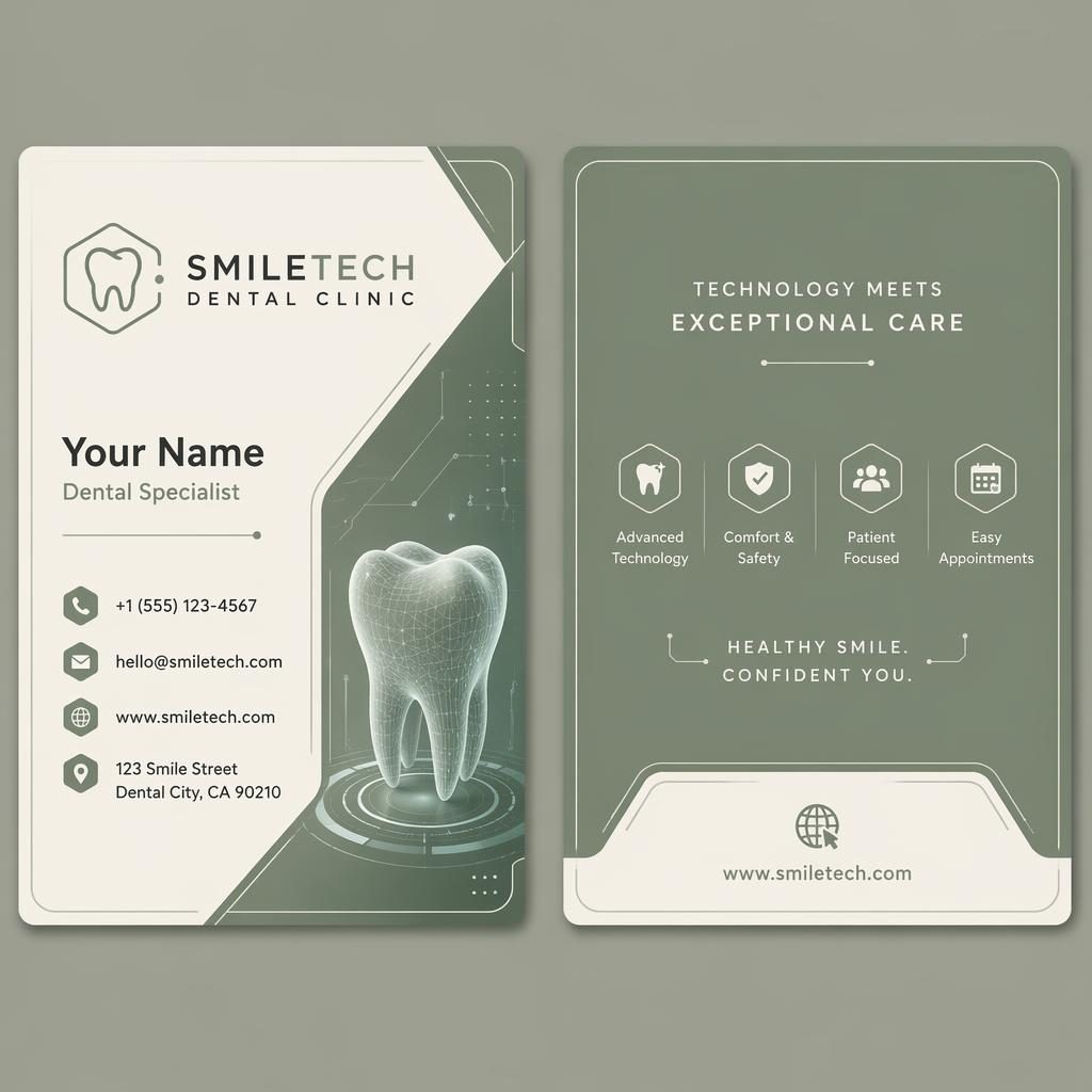 Both sides of a futuristic sage and ivory dental clinic visiting card design shown side by side with sharp placeholder details.