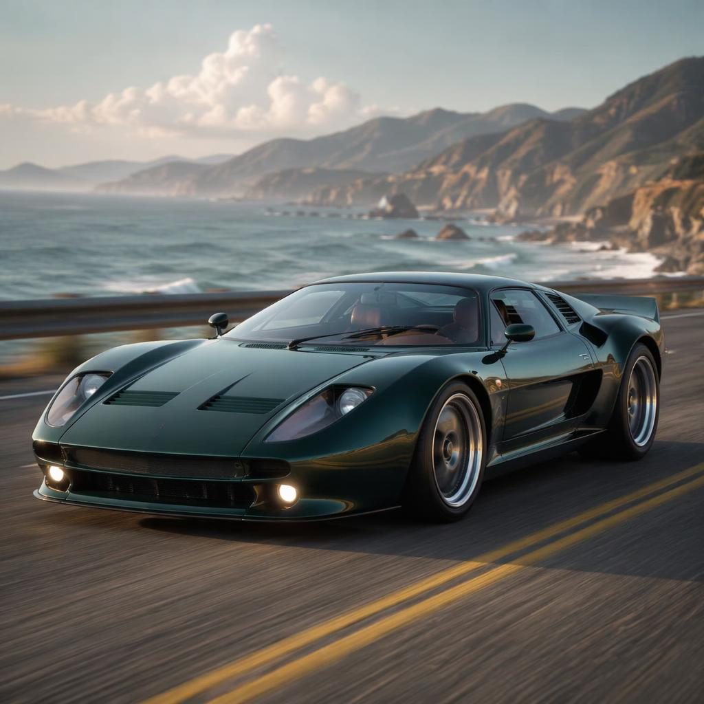 British racing green 2000s-inspired sports coupe on a coastal highway, shown from the front three-quarter view.