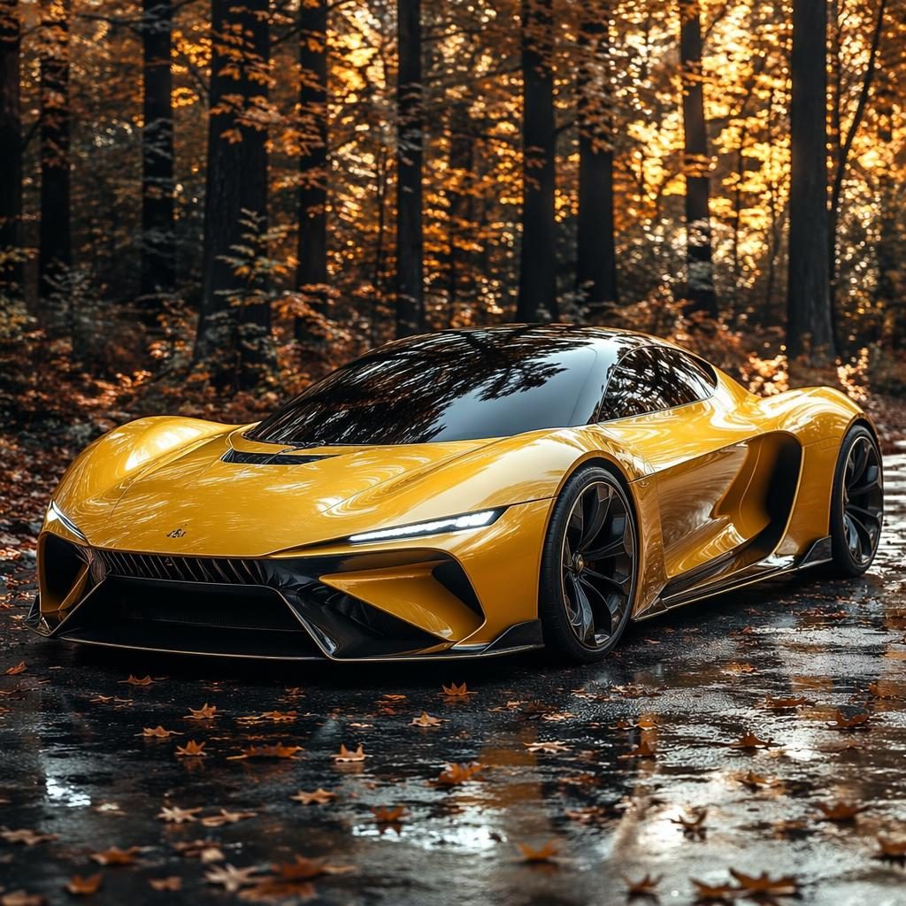 Hypercar générique jaune moutarde, vue trois quarts avant, dans une forêt d’automne, éclairage cinématographique.