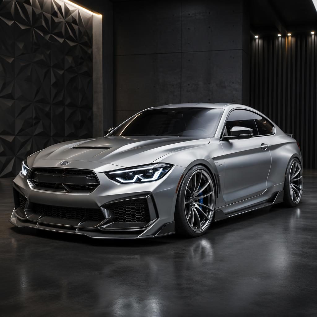 Liquid silver sports coupe concept in a showroom studio, front three-quarter view, lowered stance, aero kit, large wheels.