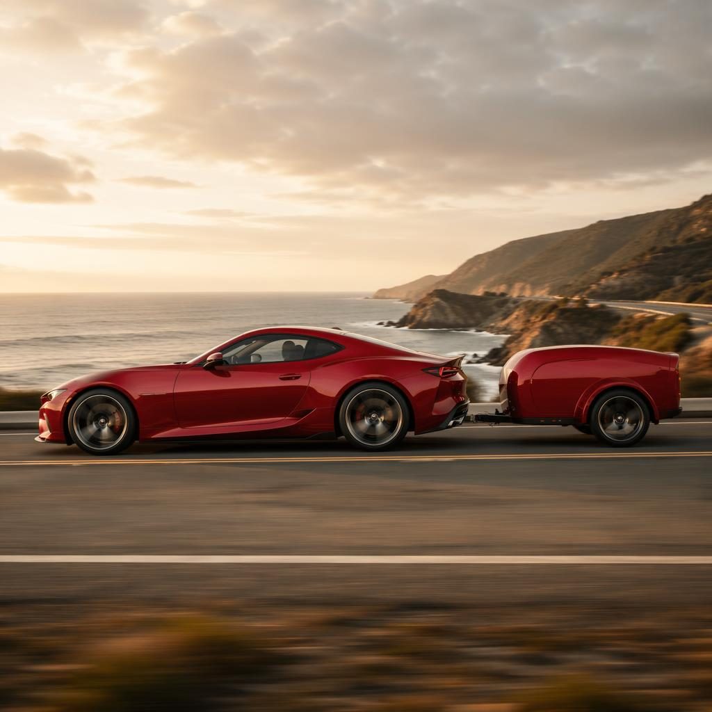 Rotes generisches Concept Car im Seitenprofil auf einer Küstenstraße, mit 2000er-Muscle-Car-Styling und cineastischem Licht.