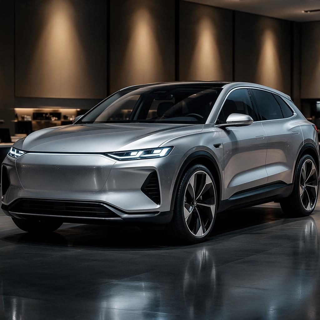 SUV electrique argent vu de trois quarts avant en studio, design premium inspiré Tesla et Audi, éclairage LED