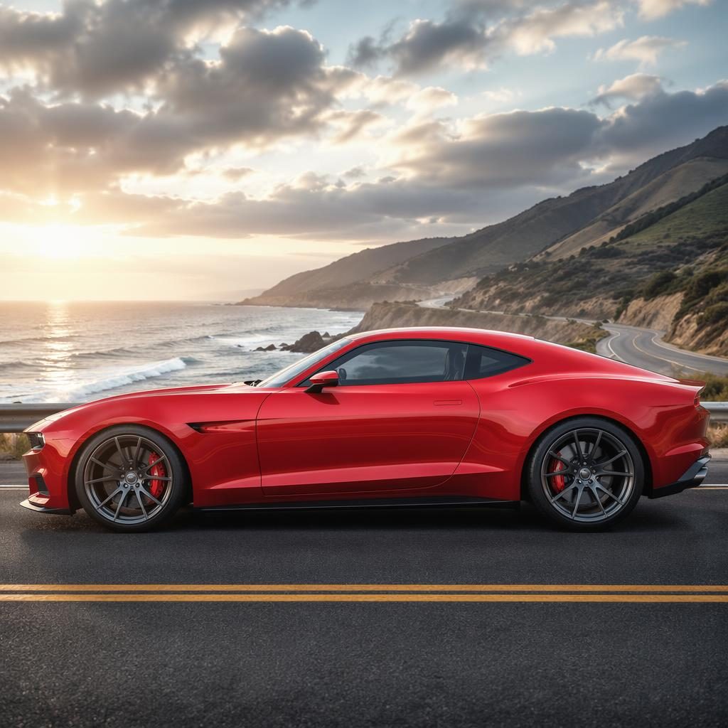 Side profile of a generic red 2000s-style muscle concept car on a coastal highway in cinematic light