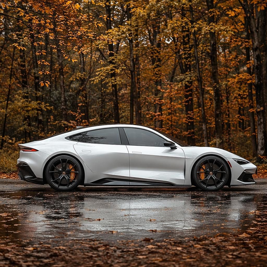 Berline concept 2025 blanche nacrée vue de profil, dans une forêt d’automne, éclairage cinématographique