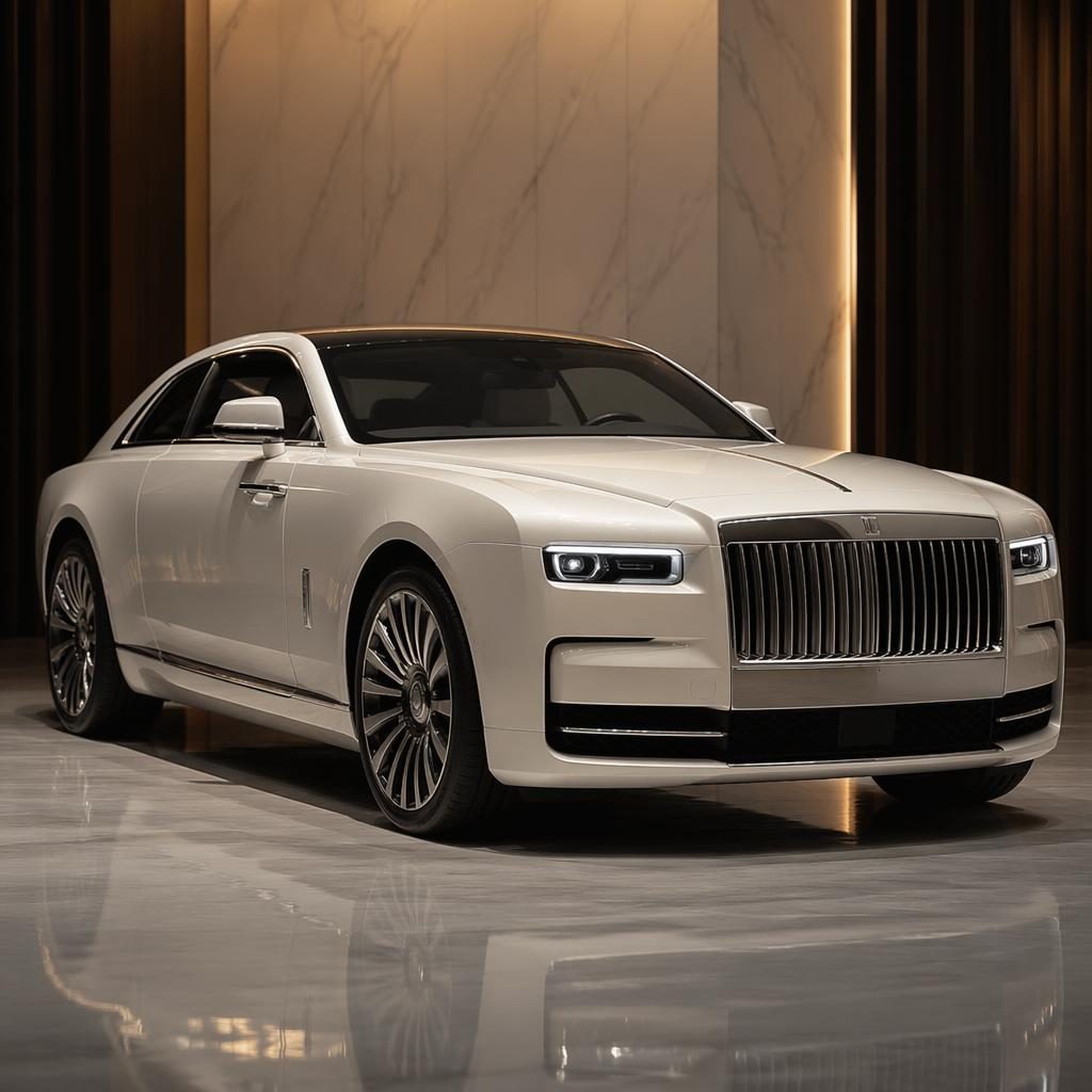 Pearl white unbranded luxury grand tourer, front three-quarter view, in a high-end studio showroom with cinematic lighting