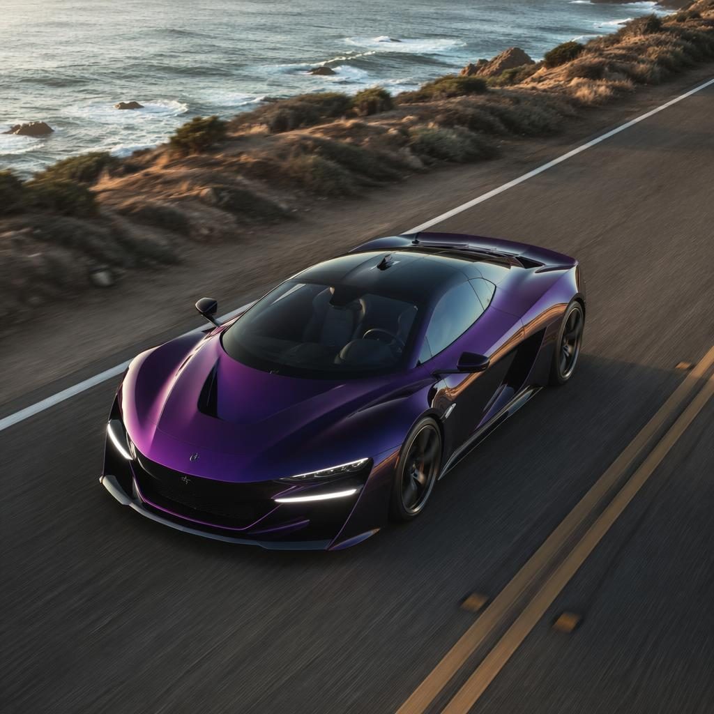 Aerial view of a generic iridescent purple hypercar with 2000s styling driving on a coastal highway in cinematic light.