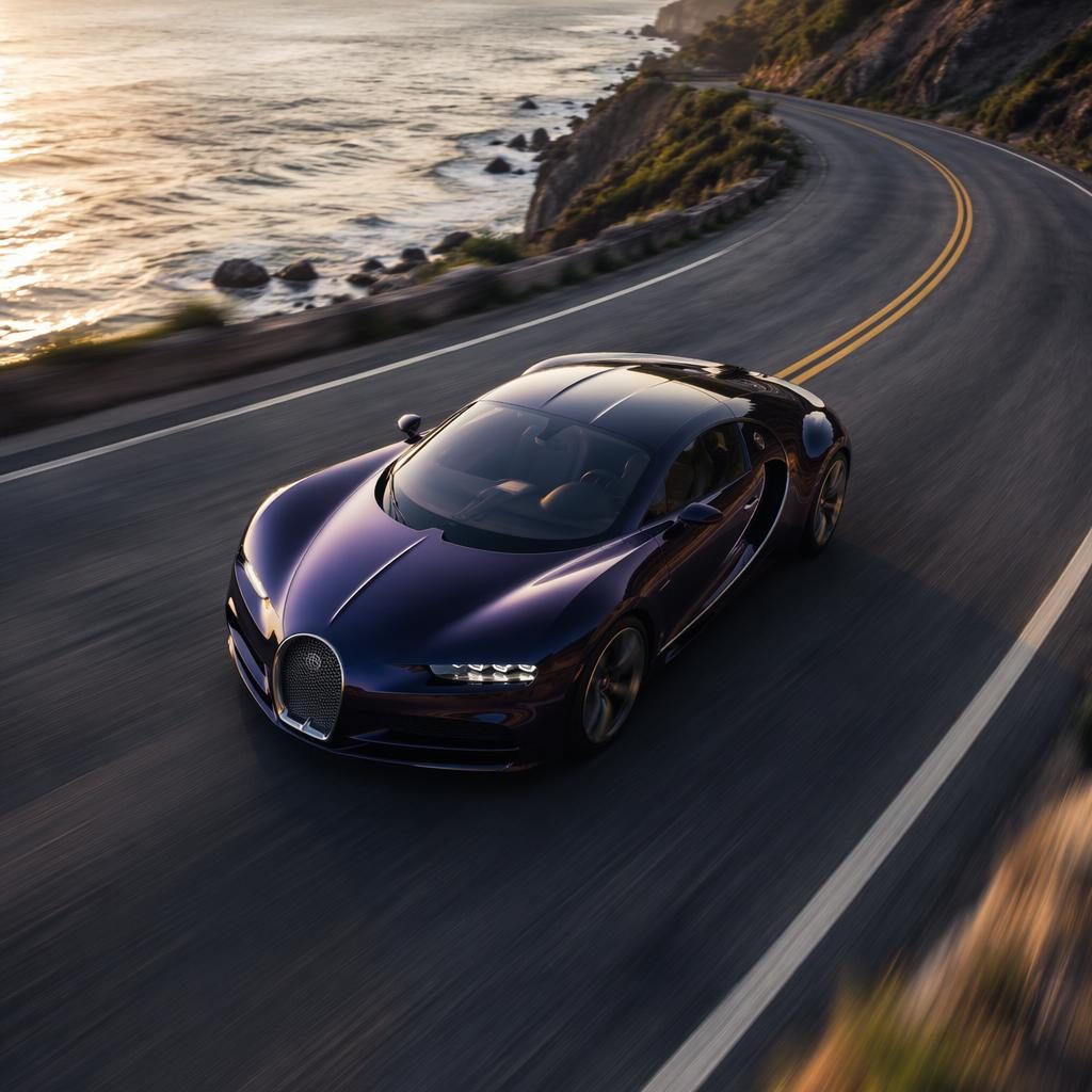 Aerial view of a generic iridescent purple sports coupe on a coastal highway with cinematic lighting and glossy reflections.