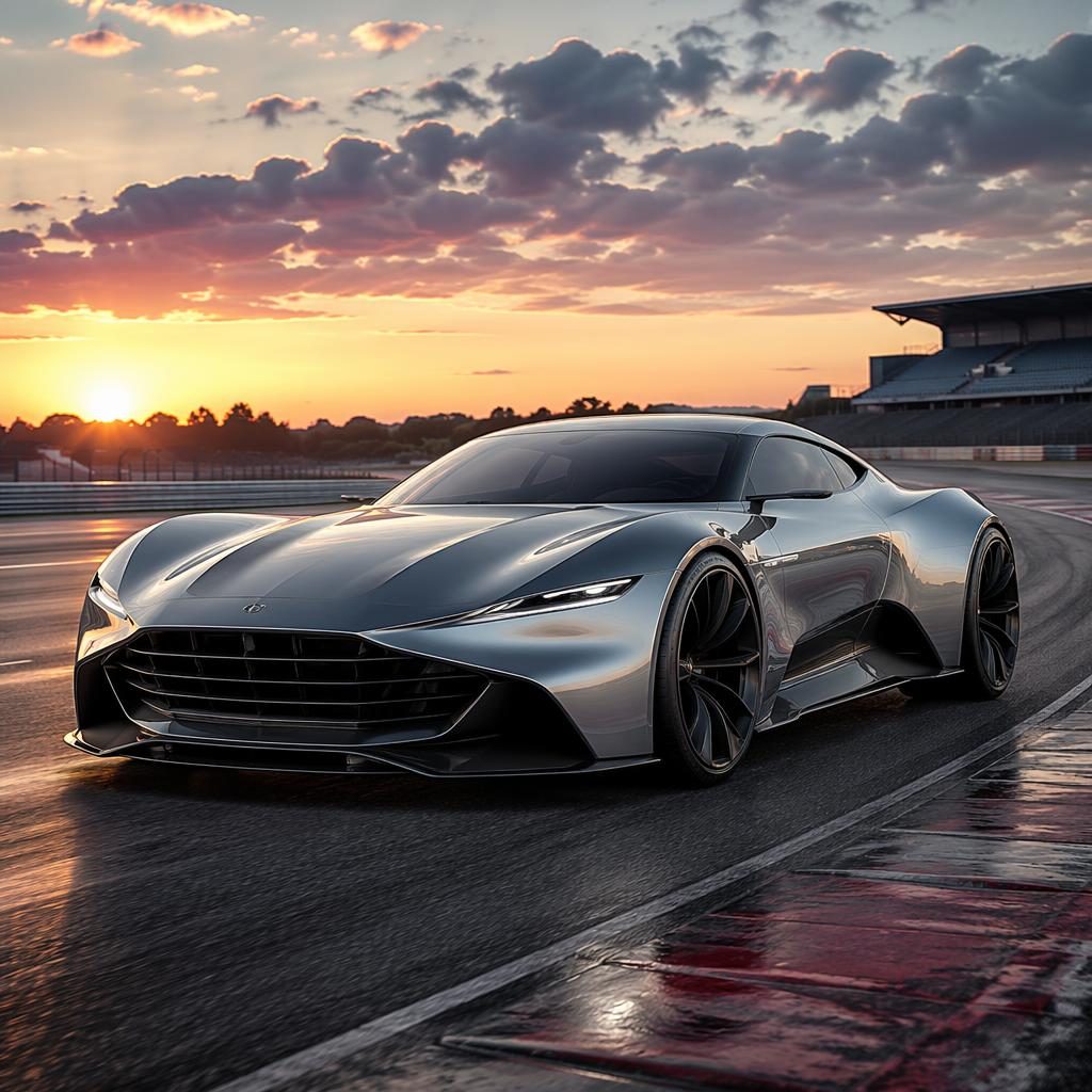 Concept car argent liquide vue trois quarts avant sur circuit à l’aube, style futuriste 2050, éclairage cinématographique