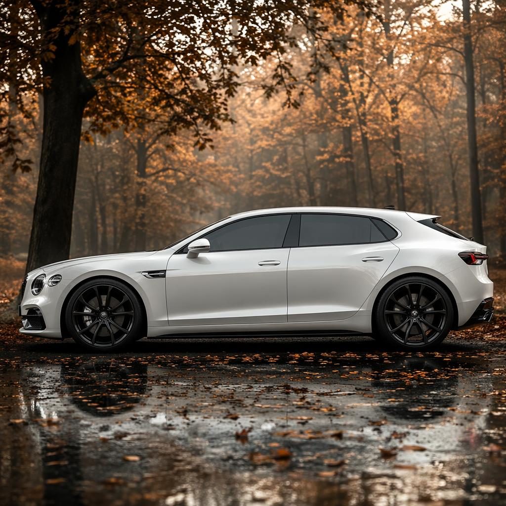 Concept car générique blanc nacré, profil latéral, style hot hatch 2025, dans une forêt automnale à lumière cinéma