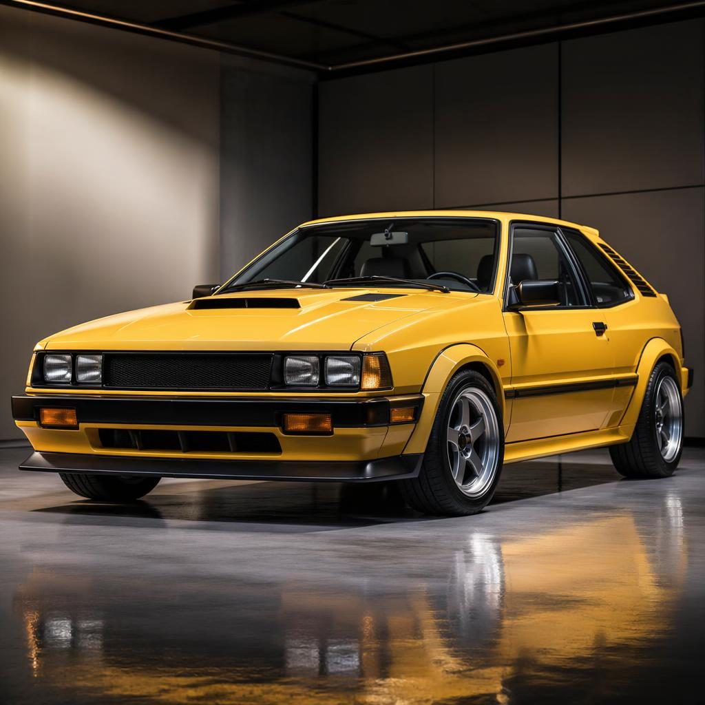 Senfgelber Hot Hatch im 1980er-Stil, Dreiviertel-Frontansicht im Studio, ohne Logos, mit markanten Reflexionen