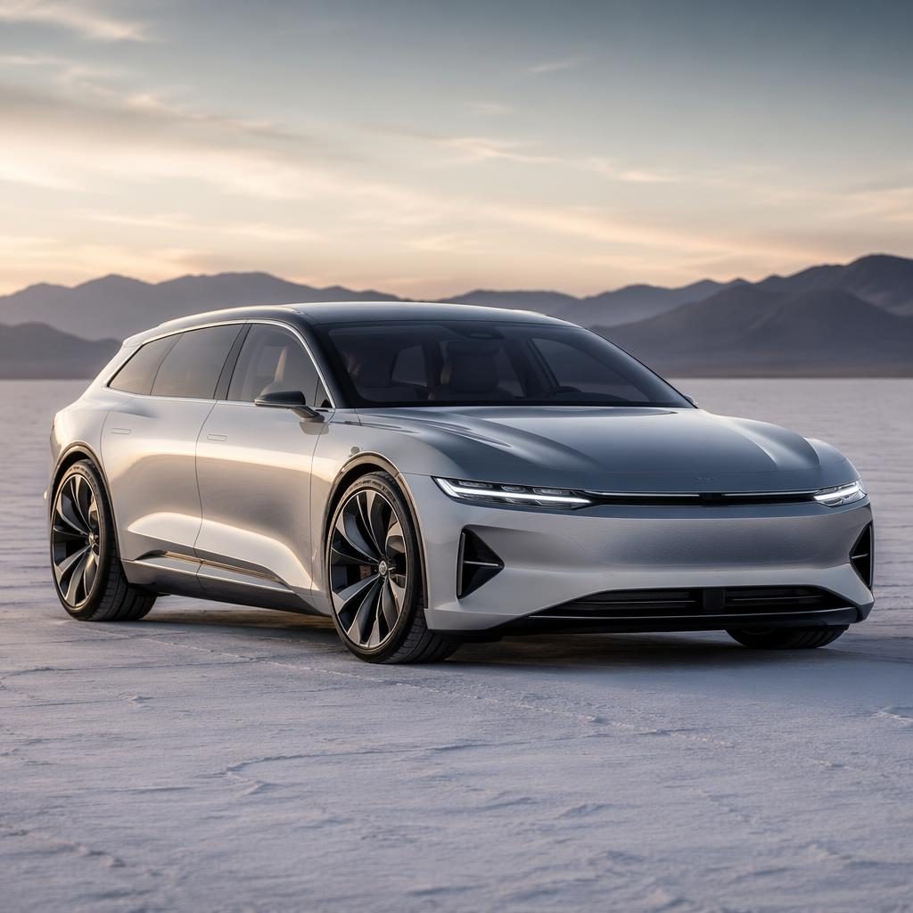 Concept car break argent liquide vu de face en angle bas sur désert salé, style futuriste 2030, lumière cinématographique