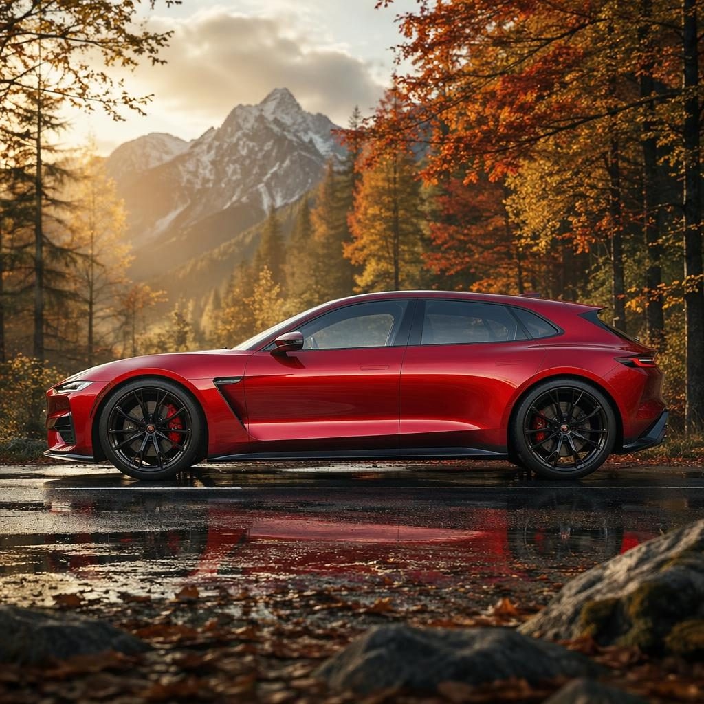 Concept hot hatch rouge 2025, vue de profil, dans une forêt d’automne avec éclairage cinématographique.