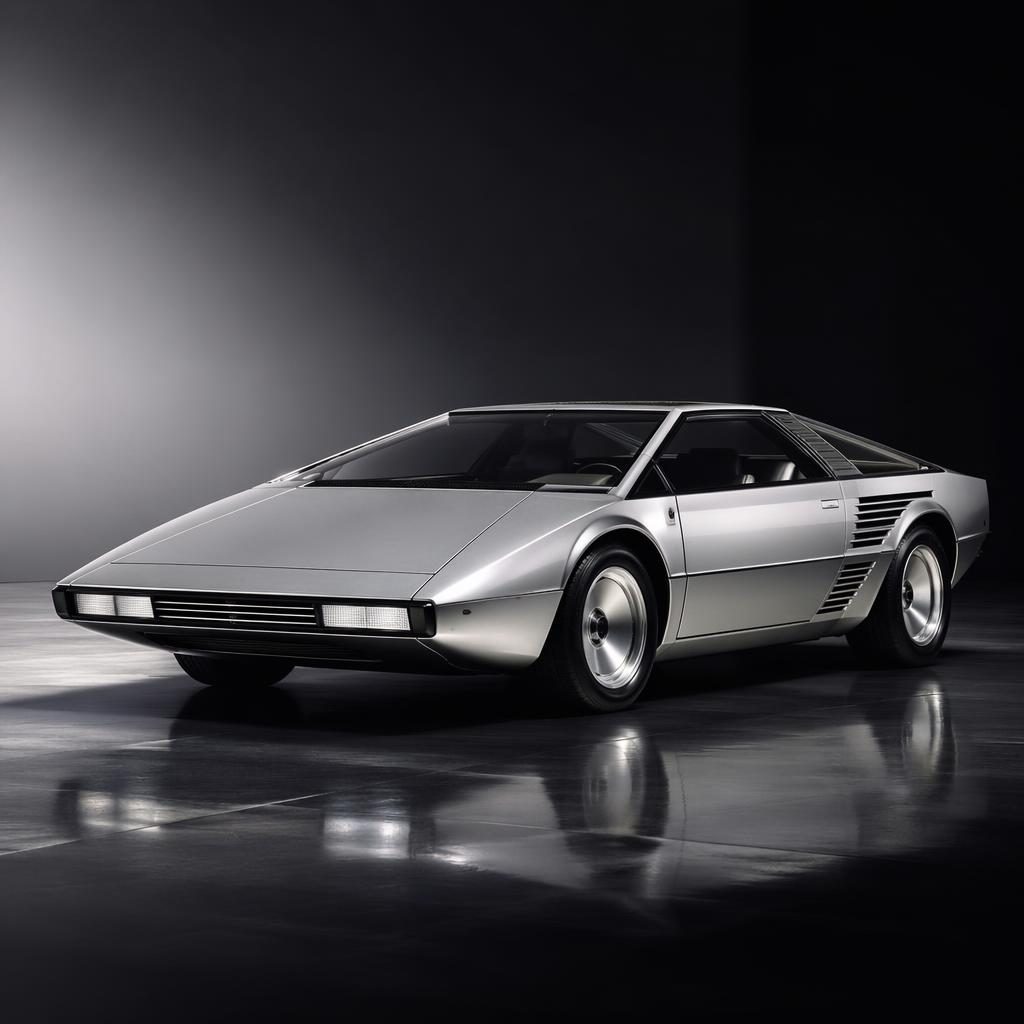 Stříbrný koncept hypercaru z 80. let, pohled zepředu ze tří čtvrtin, studiový showroom, bez log a odznaků.