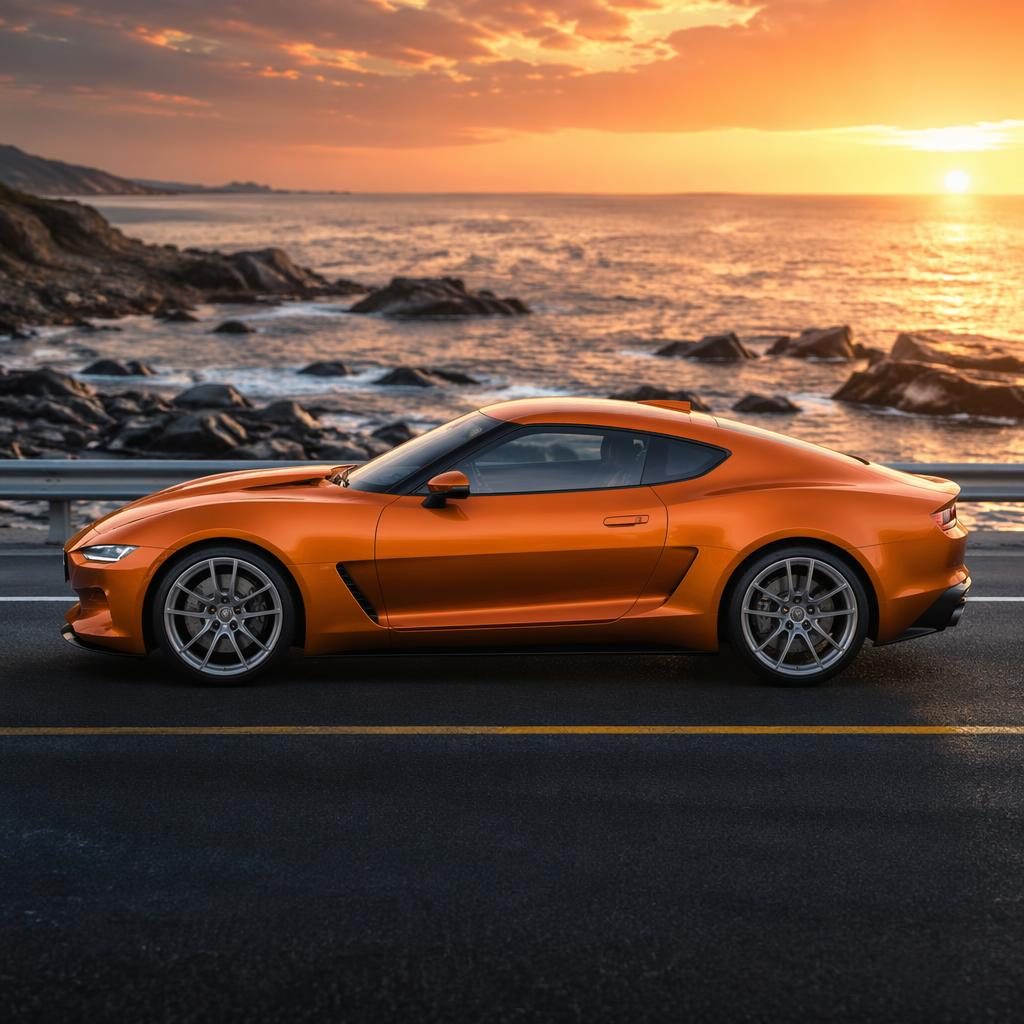 Side profile of a sunset orange concept sports coupe on a coastal highway with cinematic lighting and glossy reflections.