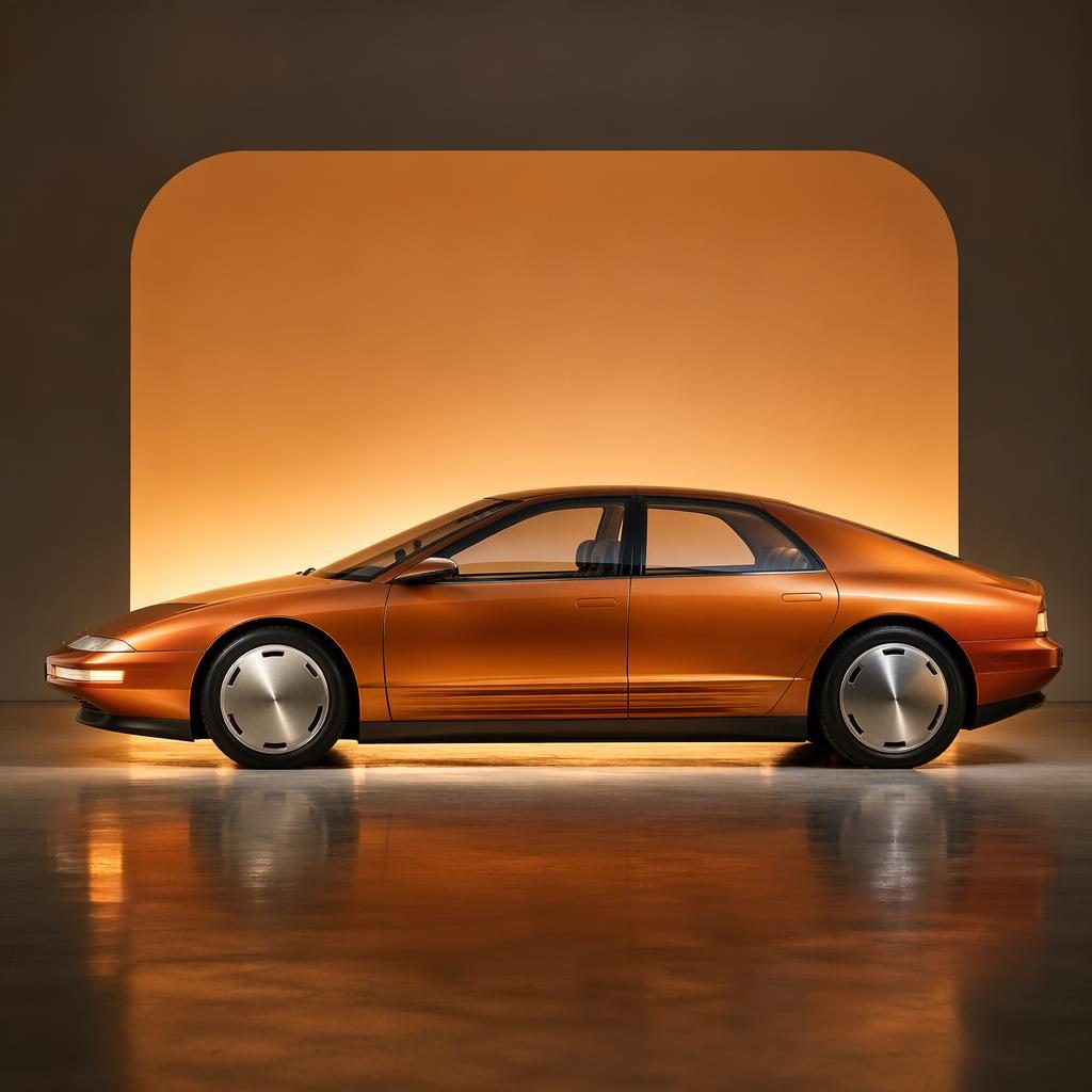 Side profile of a generic 1980s-inspired concept sedan in sunset orange, photographed in a showroom studio.