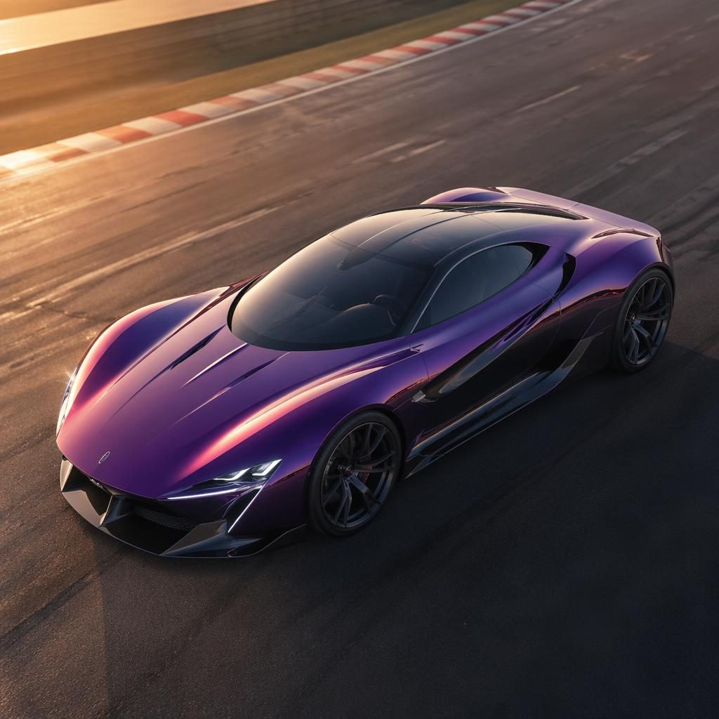 Aerial view of a generic iridescent purple 2050 muscle concept car on a race track at dawn with cinematic lighting.