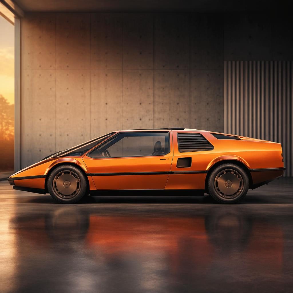 Voiture concept générique orange coucher de soleil, profil latéral, style hypercar années 80, photographiée en studio showroom