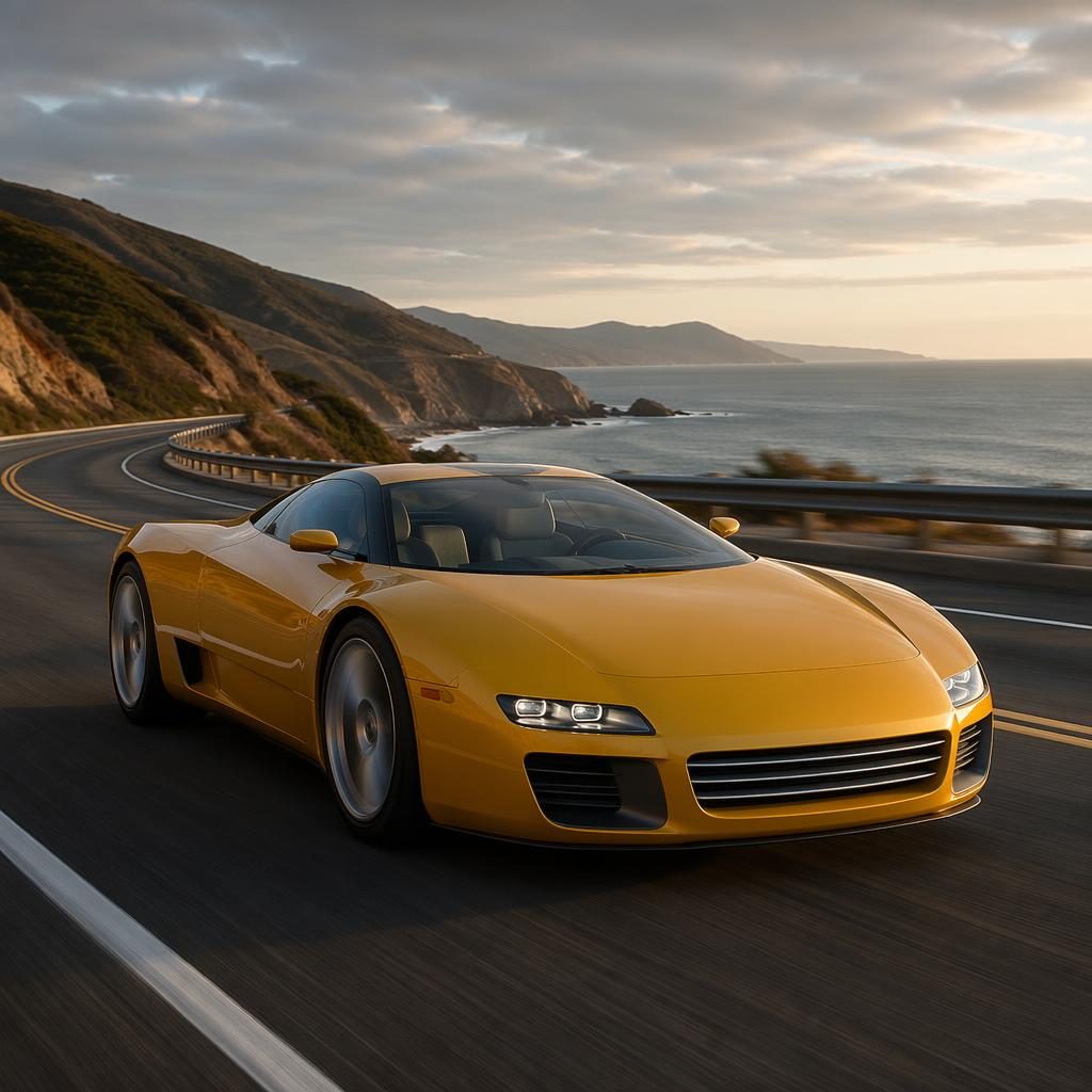 Mustard yellow unbranded hypercar with 2000s styling on a coastal highway, shown from a three-quarter front angle.