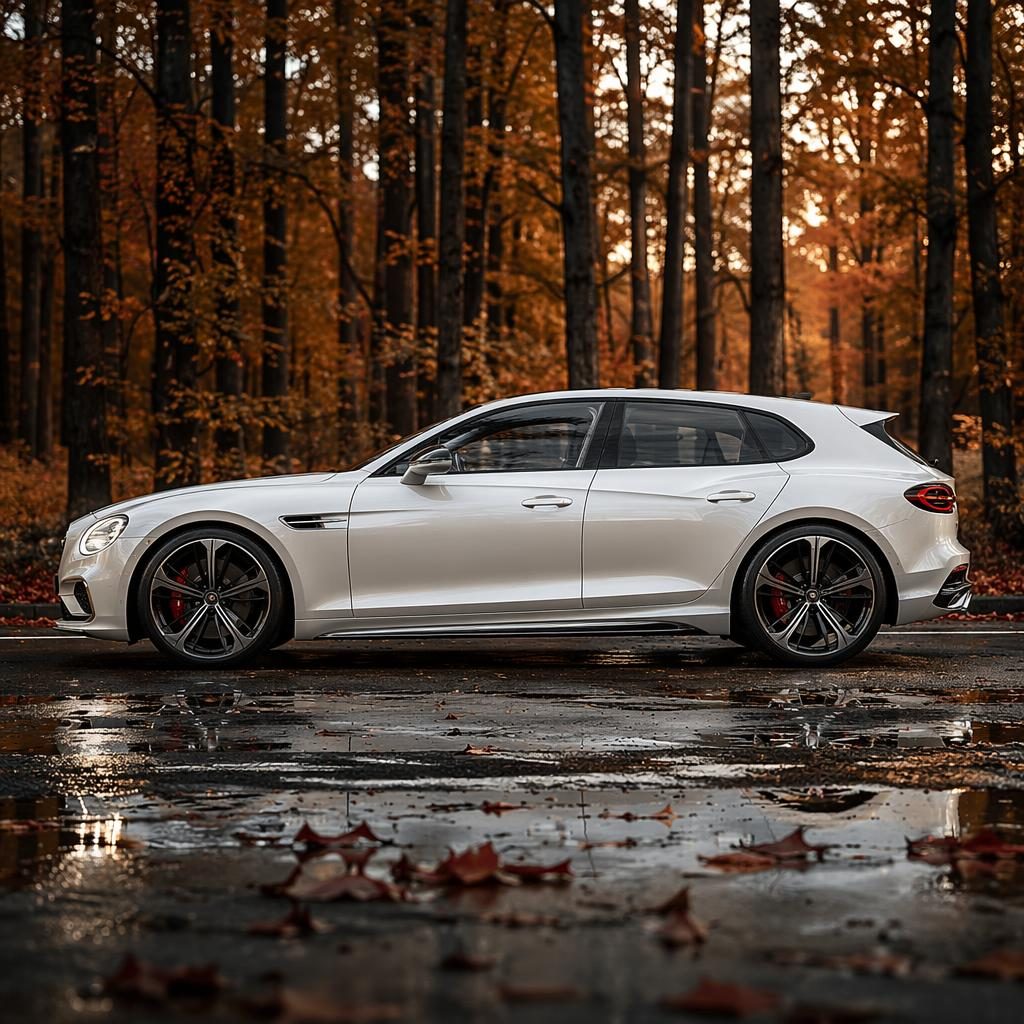 Profil latéral d’une hot hatch concept blanche nacrée, style 2025, dans une forêt d’automne, lumière cinématographique.