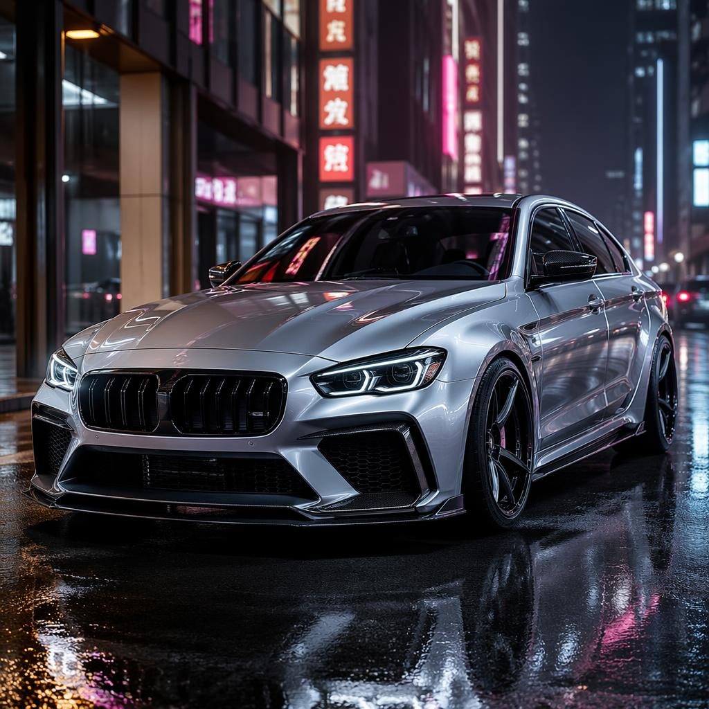 Liquid silver performance sedan with wide fenders in a neon-lit urban street, shown from a front three-quarter angle.