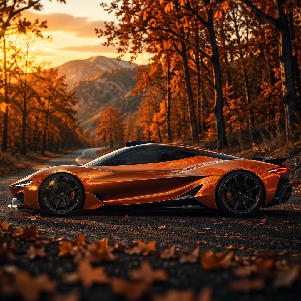 Seitenansicht eines generischen Hypercars in Sunset-Orange vor Herbstwald, mit cineastischem Licht und starken Reflexionen.