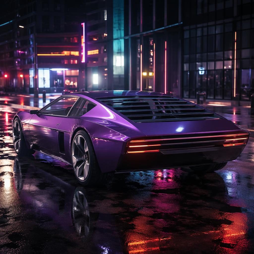 Iridescent purple generic grand tourer concept car, rear three-quarter view on a neon-lit urban street at night