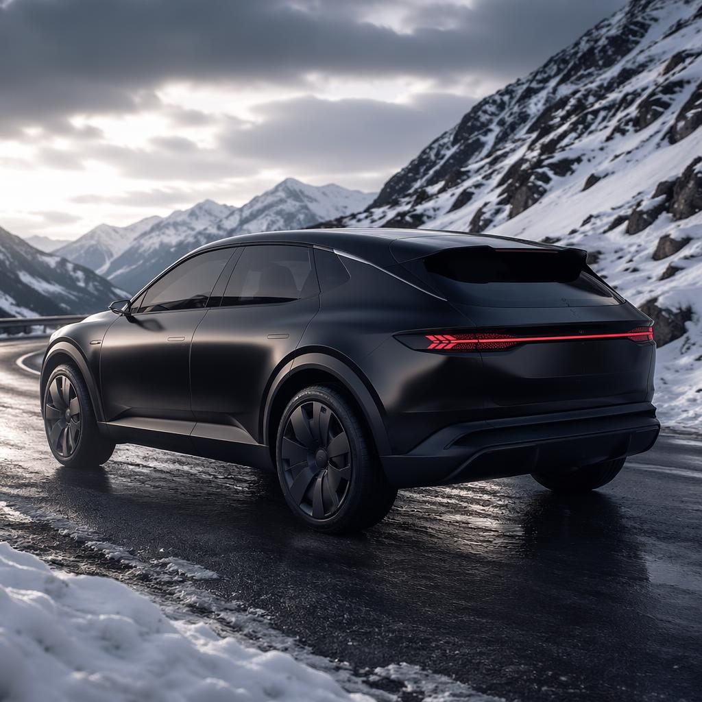SUV concept noir mat vu de trois quarts arrière sur un col alpin enneigé, style rétro-futuriste et lumière cinématographique