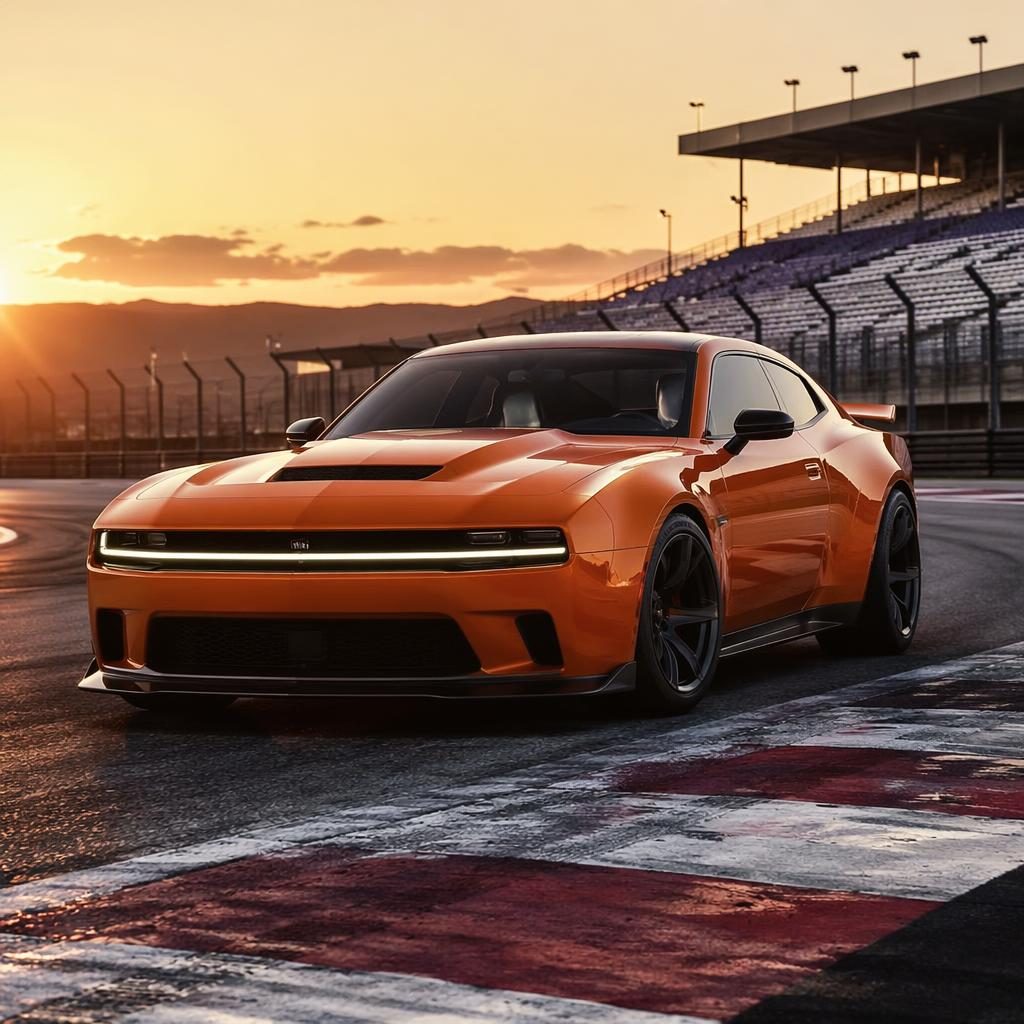 Sunset orange 2025 muscle car inspired by dodge charger daytona on a race track at dawn, three-quarter front view
