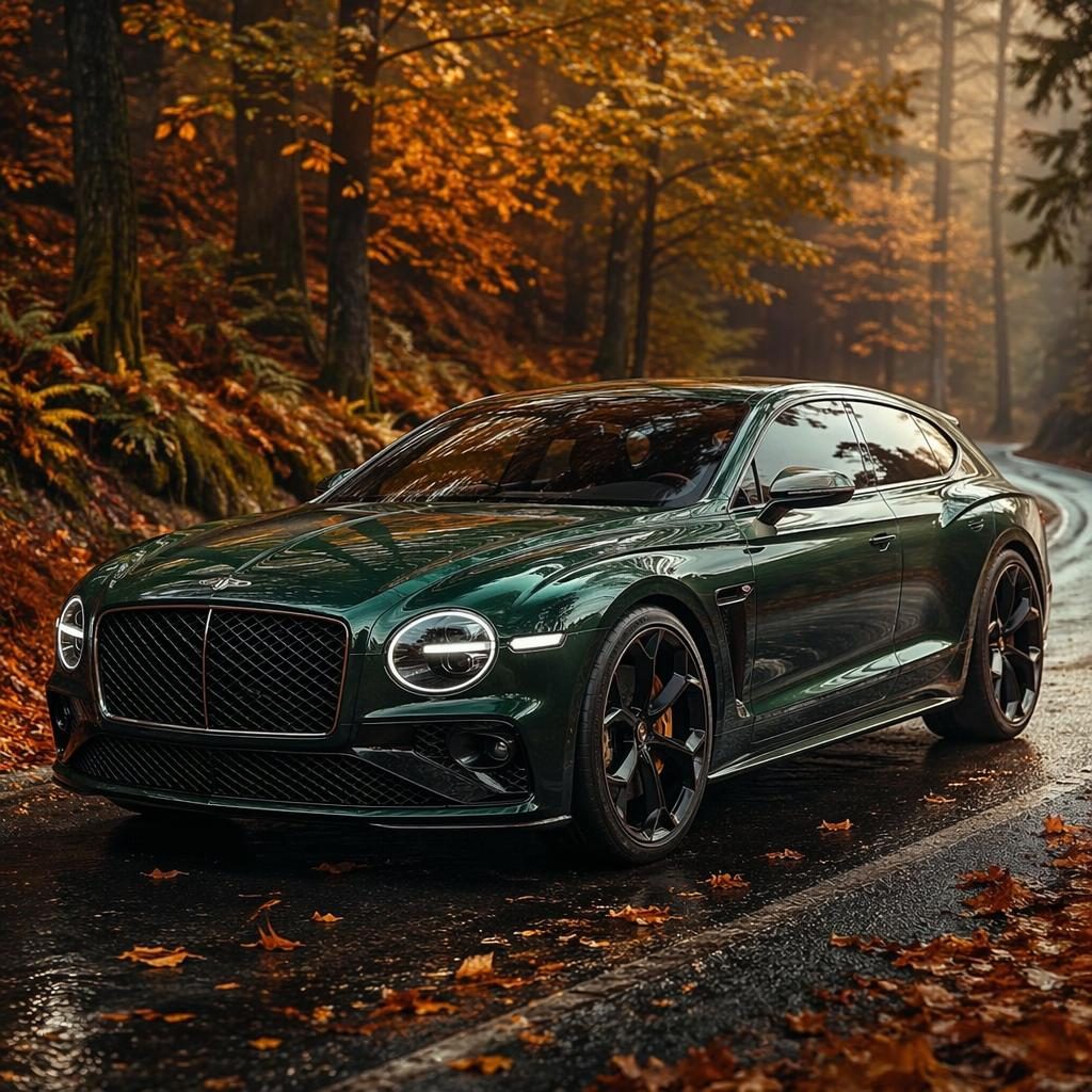 Moderní zelený hot hatch ve tříčtvrtečním předním pohledu v podzimním lese, filmové světlo, bez log a znaků.