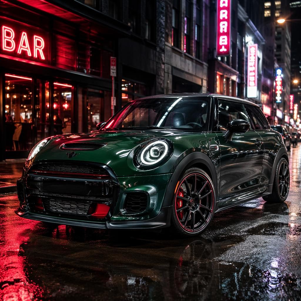 Coche compacto tipo hot hatch en verde británico, vista frontal tres cuartos, calle urbana con neón y luces cinematográficas