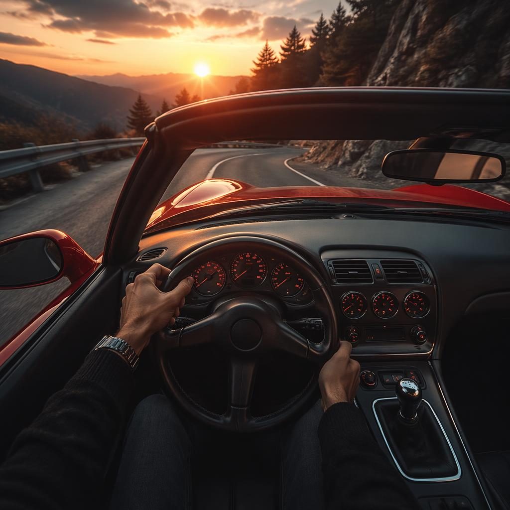 Vue intérieure d’un cabriolet concept rouge années 90 sur route de montagne au coucher du soleil, style photo auto cinématographique.