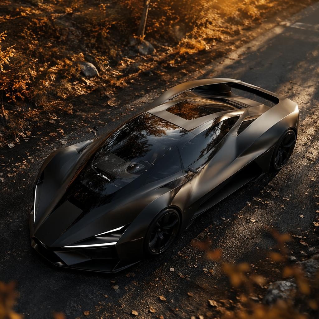 Aerial view of a matte black 2025 hypercar in an autumn forest with cinematic lighting and detailed reflections.