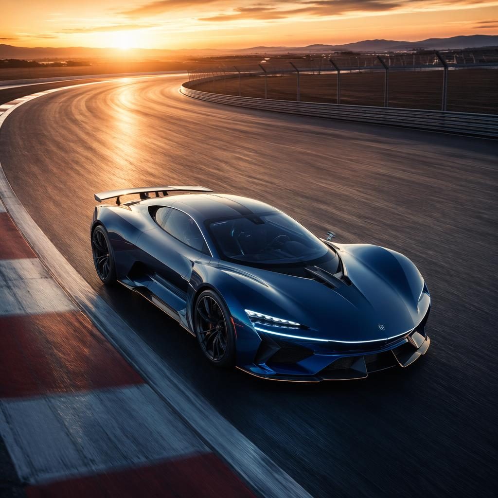 Aerial view of a midnight blue futuristic sports coupe on a race track at dawn with cinematic lighting and glossy reflections.