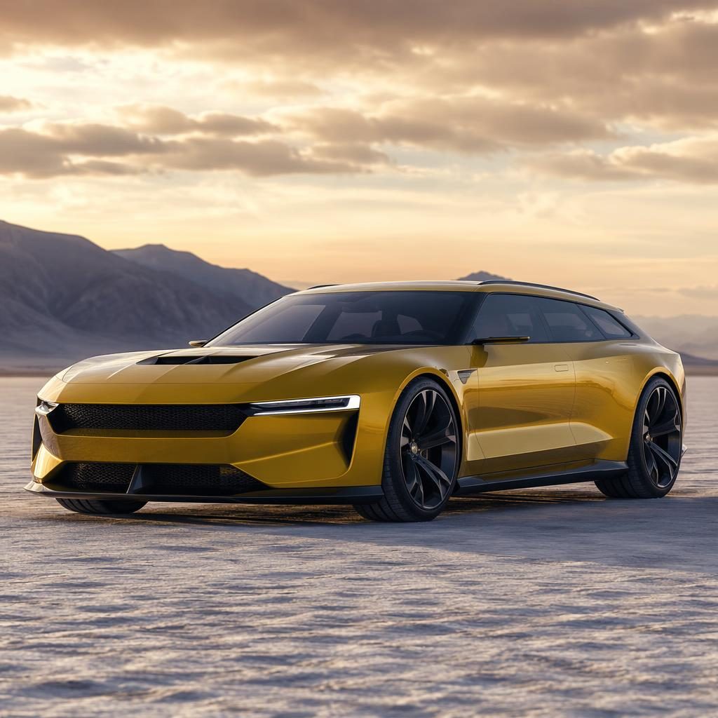Mustard yellow concept wagon with near-future 2030 styling, shot from a low front angle on desert salt flats in cinematic light.